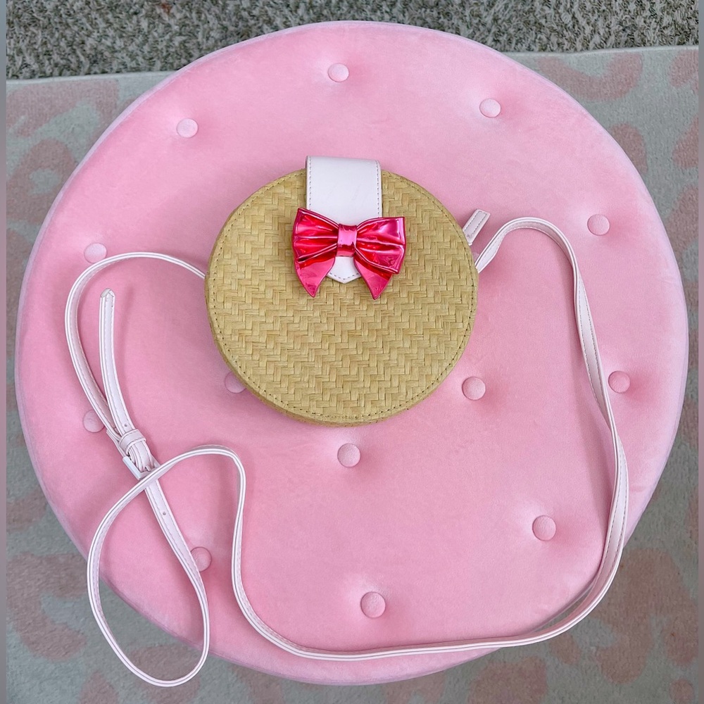 Juicy Couture Straw Crossbody Purse Small Round Tan and Pink Bag